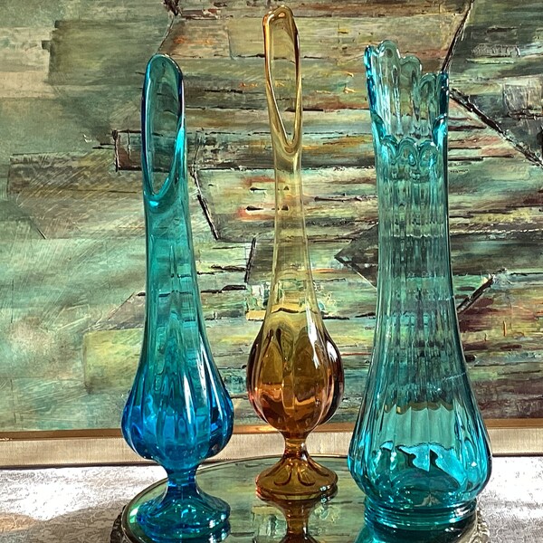 Swung Vases 3 To Choose From Elegant Colourful Aqua Teal Golden Amber Glass Footed Home Decor Vintage Art Glass MCM Retro Viking Rare