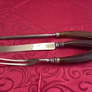 Bakelite Tested Chocolate Swirl Handles And Stainless Steel Blades 3 Piece Carving Set Vintage Kitchenware Turkey Dinner Christmas