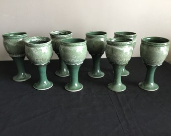 Signed By Artist Beautiful Set Of 4 Vintage Green Glazed Pottery Goblets / There Are Two Sets Of 4 Available At Listing
