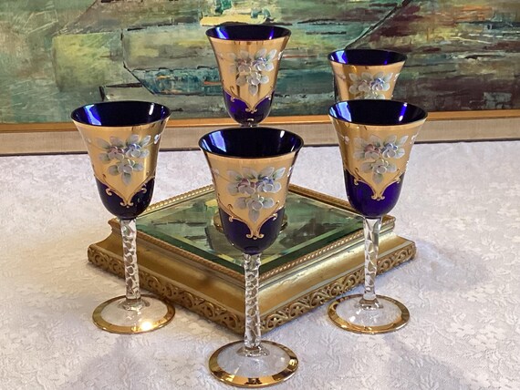 Tre Fuochi Venetian Murano Wine Glasses Cobalt Blue With 24K Gold