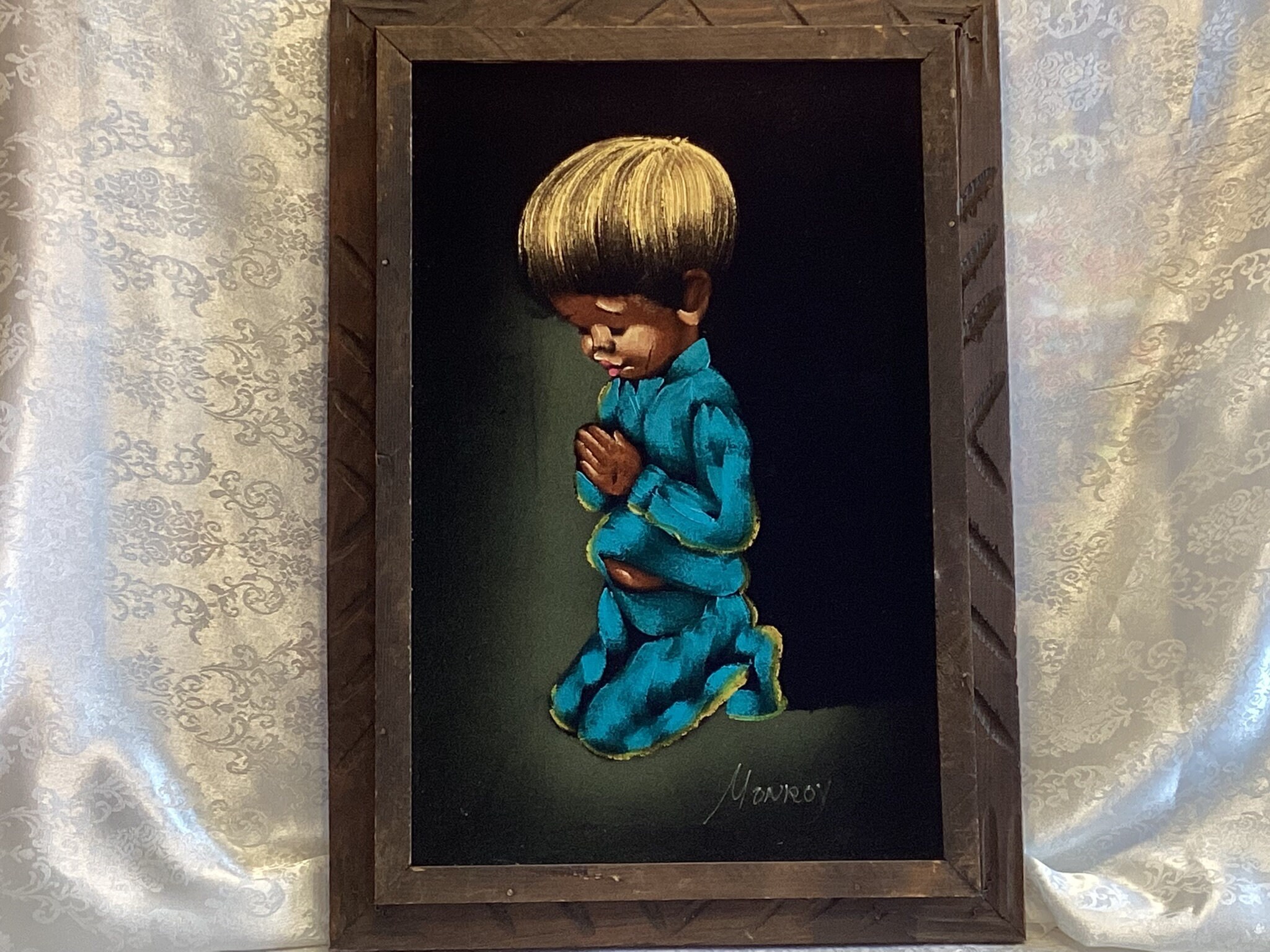 Vintage Black Velvet Young Boy Praying Signed Painting Retro