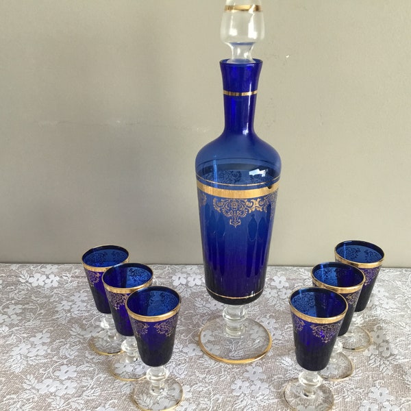 Elegant Cobalt Blue With Gold Accents Complete Decanter Set Including 6 Footed Matching Glasses And Large Footed Decanter With Stopper