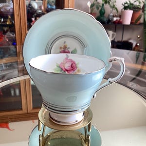 Paragon Double Warrant Robins Egg Blue Gold Decorative Design With Cabbage Rose On Saucer And Cup Rare Tea Pale Blue Fine Bone China England