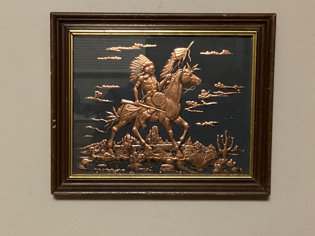 Embossed Copper Art Detailed Portrait of A Native Man Riding A Horse
