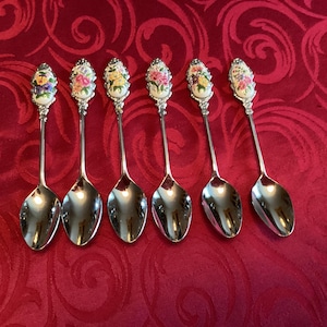 Set Of 6 Demitasse Spoons With Ceramic Flowers On Handles Stainless Steel