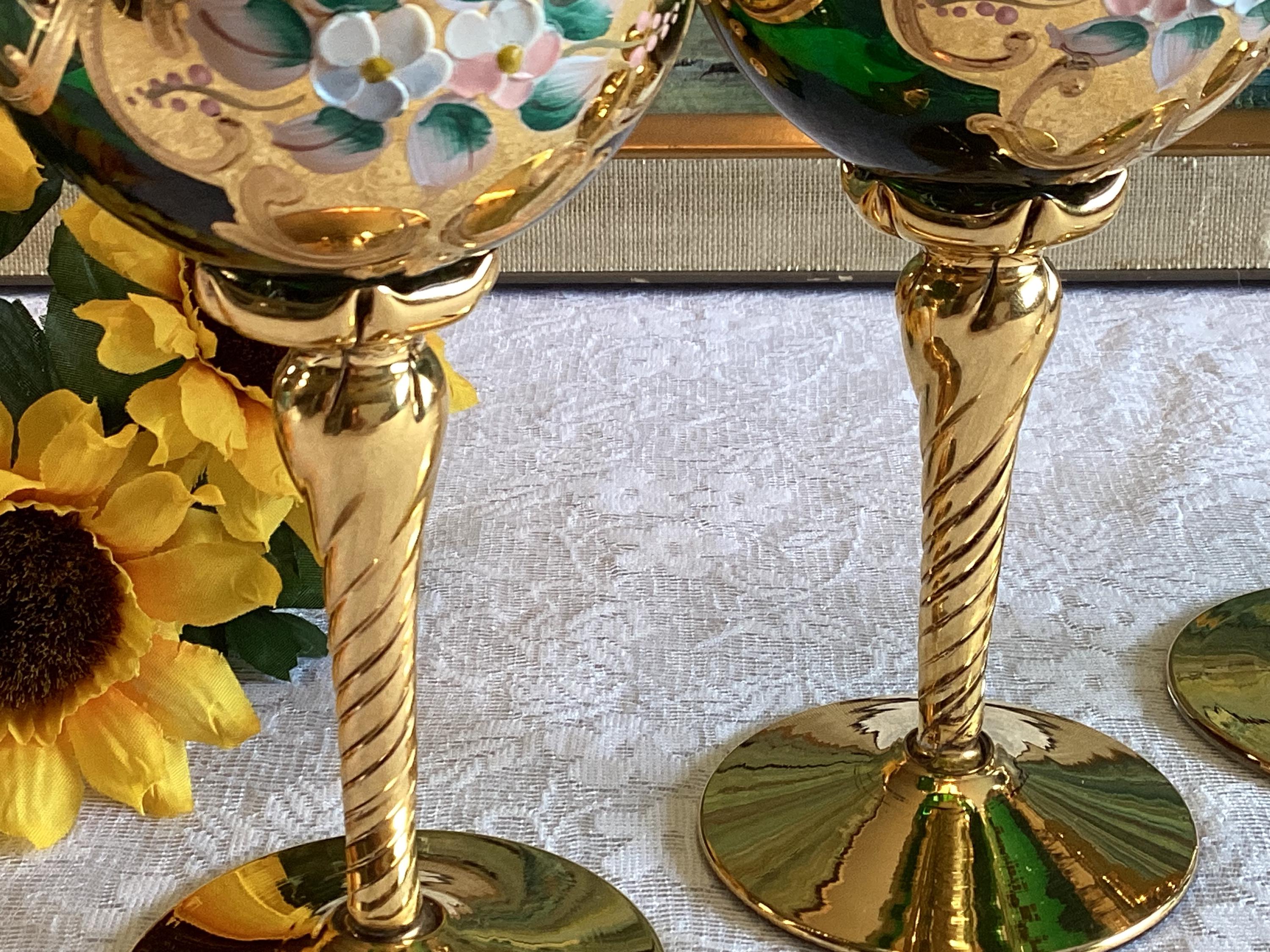 Murano Salvadori Tre Fuochi 24K Gold Footed Hock Glasses