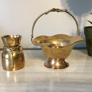 PAIR OF Solid Brass Vase And Basket Stamped Made In India Vase Has Rope Like Brass And The Basket Has A Rope Adjustable Handle Nice Set