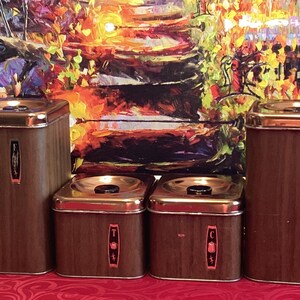 May include: Set of four brown metal canisters with copper lids. Each canister has a different label with a letter and a picture of a kitchen item. The labels read "T", "C", "S", and "F".