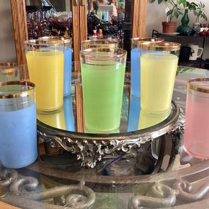 Set Of 10 Colourful Frosted Pastel With Gold Rims Highball Glasses Vintage Wear On Rims Only Occasion Party Highball Liquor Bar Ware Rare