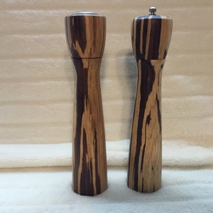 Remarkable Looking Set Of Solid Wood Salt Shaker And Pepper Mill Giving The Effects Of Tiger Wood Like Antique Furniture/ Eye Catching