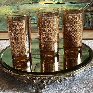 Lot de 3 élégants verres à boire vintage dorés brillants, style Culver mais non estampillés