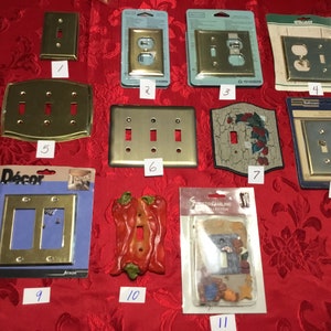 May include: Assortment of 11 light switch and outlet covers in various styles and colors.  Some covers are plain brass, while others feature decorative designs like peppers, flowers, and a distressed look.  The covers are packaged in plastic and cardboard.