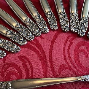 Stanley Roberts, acier inoxydable, motif floral japonais, design détaillé des deux côtés, 37 pièces couverts en argent, couverts ornés