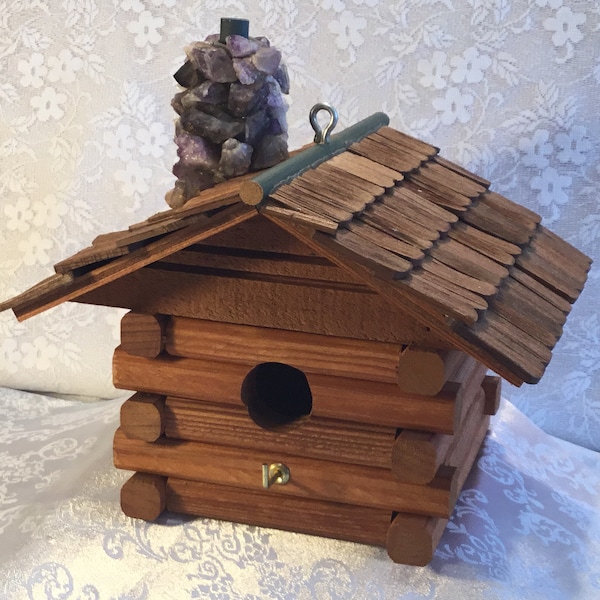 Log Cabin Bird House With Fabulous Detailed Finnish Rounded Shingles And Unique Amethyst ChimneyHome Made/ Wood/BirdHouse/Birds/Nests/House