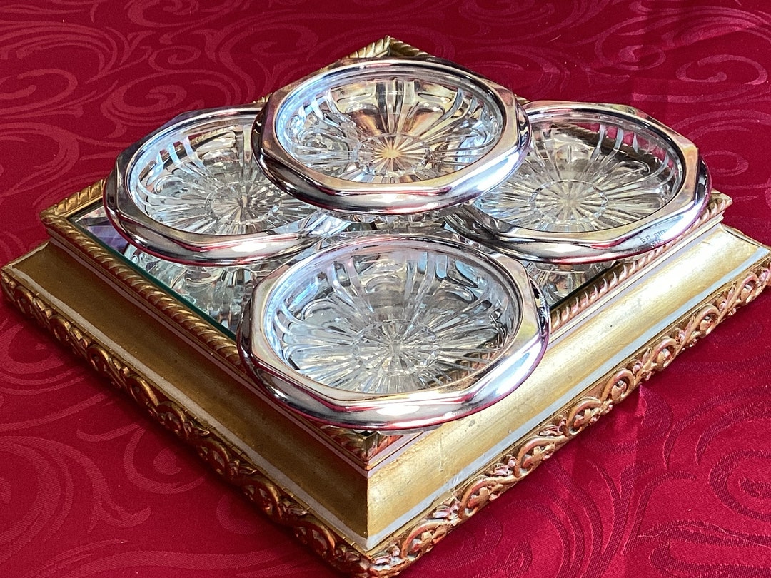 シルバーメッキとクリスタルのヴィンテージコースター。8面長方形の縁