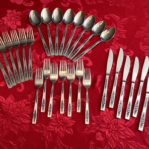 Può includere: Una collezione di posate in acciaio inossidabile, tra cui cucchiai, forchette e coltelli, disposte su una tovaglia rossa a motivi floreali. Le posate hanno manici decorativi. Il set comprende più forchette, cucchiai e coltelli.