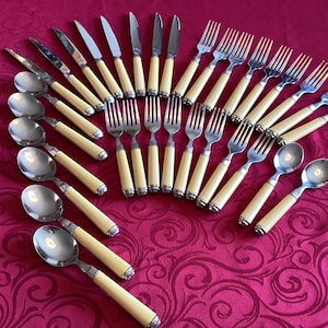 33 Pieces Of Pfaltzgraff Stainless Steel Tan Plastic Handles Retro Flatware Cutlery