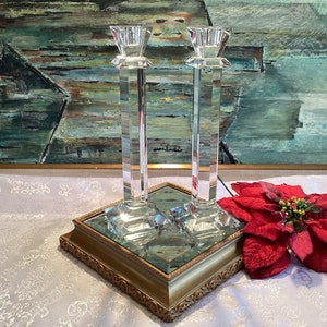 Fifth Avenue Pair Of Crystal Pillar Candle Holders Fine Cut Edges Very Detailed And Elegant