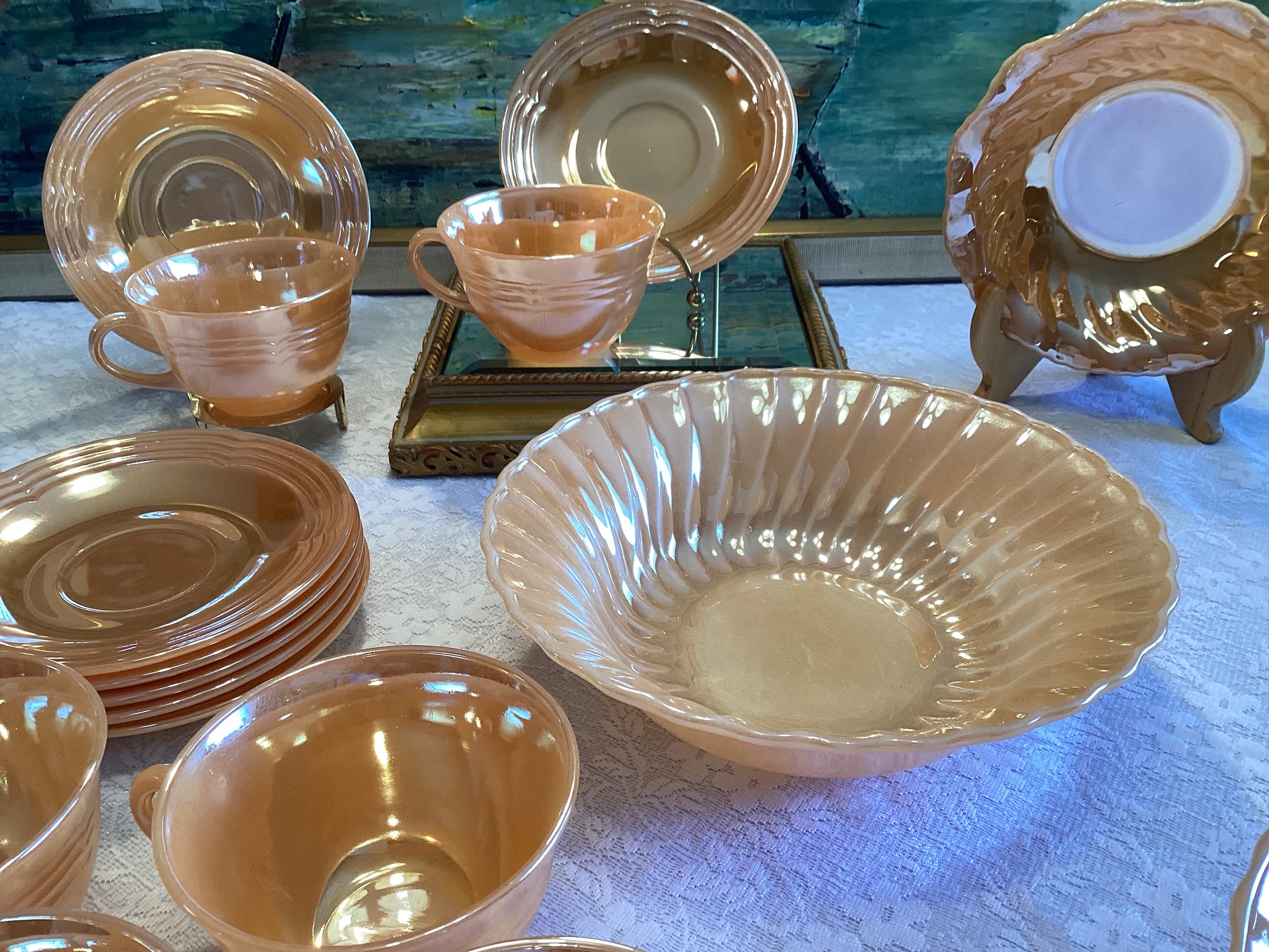 Peach Lustre Anchor Hocking Fire King Tea Cups Saucers Serving
