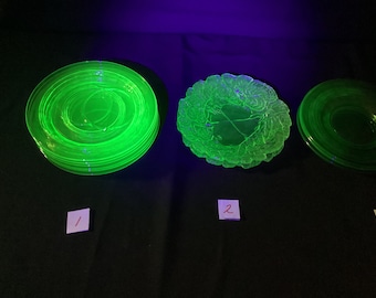 Uranium Glass Excellent Selection Of Vintage UV Plates Optic Rings / Pear Design / Textured Starburst  / Cup Rings