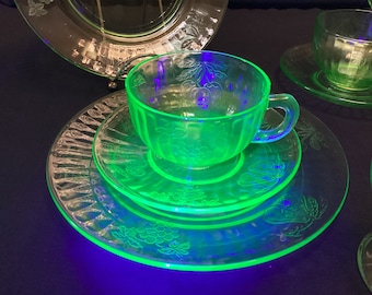 Uranium Glass Large Collection Of Plates Saucers Cups Sherbet Cups Great Glow To all Pieces