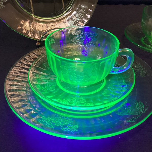 Uranium Glass Large Collection Of Plates Saucers Cups Sherbet Cups Great Glow To all Pieces
