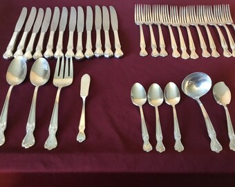 32 Pieces Of Rose Pattern Monogrammed { A } Silver Plated Cutlery Called Old Company Plate Perfect To Add To Any Existing Set Ornate Elegant