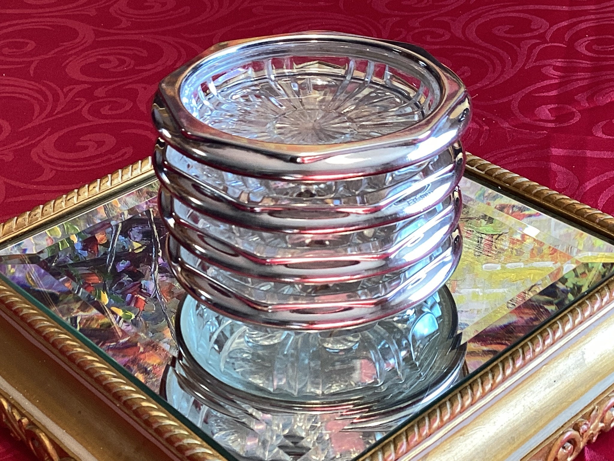 シルバーメッキとクリスタルのヴィンテージコースター。8面長方形の縁