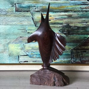 A Beautiful Hand Carved Wood Sword Fish / Sculpture /Statue /Figurine /Decorative 13.75 Inches Tall/ Smooth Quality Finish