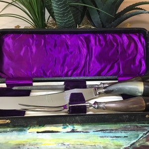 Zeldzame vondst/ MCM Chas Barber & Co. Retro 3-delige besteksnijset/Roestvrijstalen messen met hoornen handvatten/ Compleet met originele doos