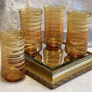 Vintage Libbey Juice Glasses 1970s St Clair Retro MCM Hourglass Shaped Amber Striped Set Of 4