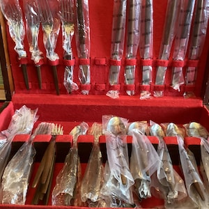 Può includere: Un set di posate in acciaio inossidabile con manici in legno marrone scuro, confezionate singolarmente in plastica trasparente. Il set è organizzato all'interno di una custodia in legno foderata con tessuto rosso vivo, con scomparti per ogni pezzo.