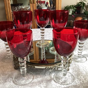 Ruby Red Large Wine Glasses With Glass Balled Stems Very Elegant Vintage Holiday Barware Christmas Cocktails Drinkware Dining Ware Elegant