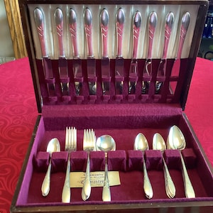 Puede incluir: Un juego de cubiertos antiguos de plata en un estuche de madera. El juego incluye cuchillos, tenedores y cucharas, todos con acabado plateado y mangos decorativos. El interior del estuche está forrado con terciopelo morado oscuro, proporcionando un contraste lujoso.