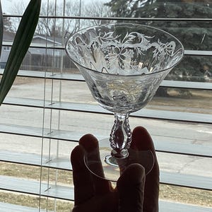 Fostoria Crystal Heather Flair Pattern Etched Parfait / Sherbet / Champagne Glasses Bar Ware Elegant Footed Drinking Glasses Wine Cocktail