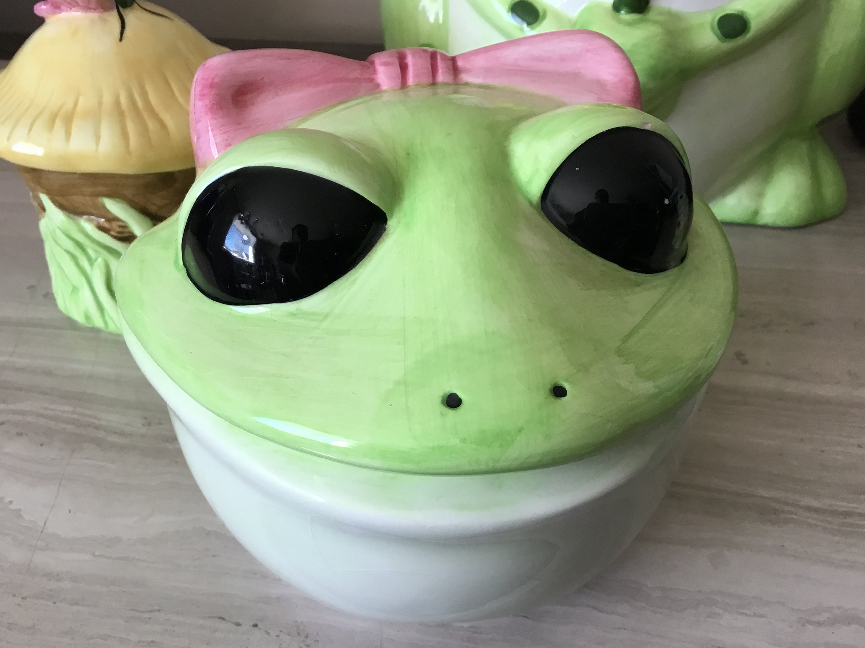 A Set Of Vintage Super Cute Ceramic Frog Cookie Jar Wearing Etsy