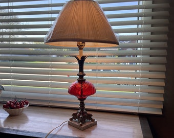 Elegant Table Lamp Brass Marble Stamped Italy And Bright Red Glass Body