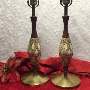 Pair Of MCM Retro Danish Style Table Top Lamps Beautiful Teak Wood And Chalk Ware Finish/ Vintage/Retro/ Home Decor/Lights