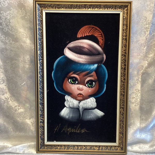 Velour Painting Of A Girl Crying Signed H. Agulea Framed Wall Decor Retro