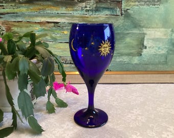 Pair Of Libbey Cobalt Blue Celestial Moon Sun And Stars Wine Glass Vintage Shapley