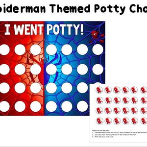 May include: A Spiderman themed potty training chart with a red and blue web design. The chart has 28 circles for stickers. The text "I Went Potty!" is at the top of the chart. There are 28 Spiderman stickers on a separate sheet.