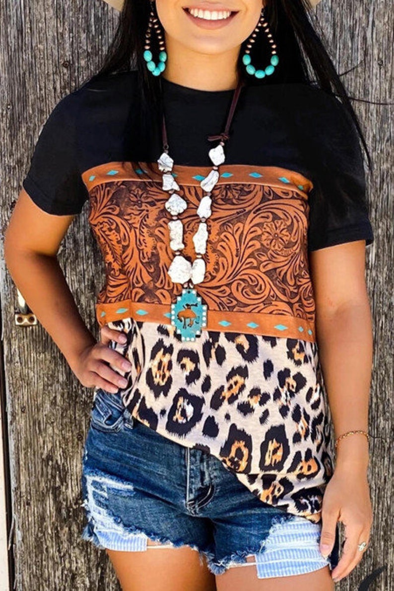 Black Leopard Print Buckstitch Splicing Color Block T-shirt