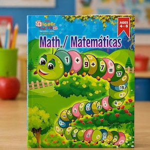 May include: A colorful math workbook for ages 4-8, featuring a friendly caterpillar with numbers and equations. The cover displays the title "Math / Matemáticas" and the publisher's logo, set against a vibrant green landscape.