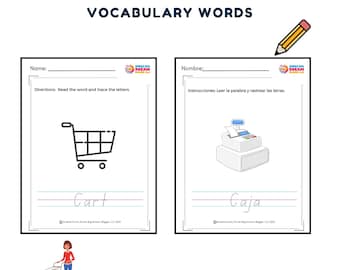 PreK - 1st English and Spanish Store Vocabulary Words Tracing Activities for PreK to 1st grade.