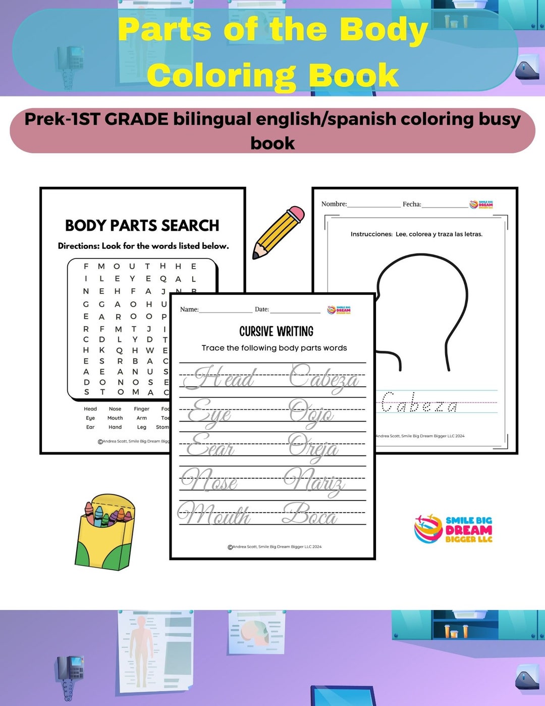 English/spanish Body Parts Coloring Book | Tracing & Cursive (PDF) - Etsy