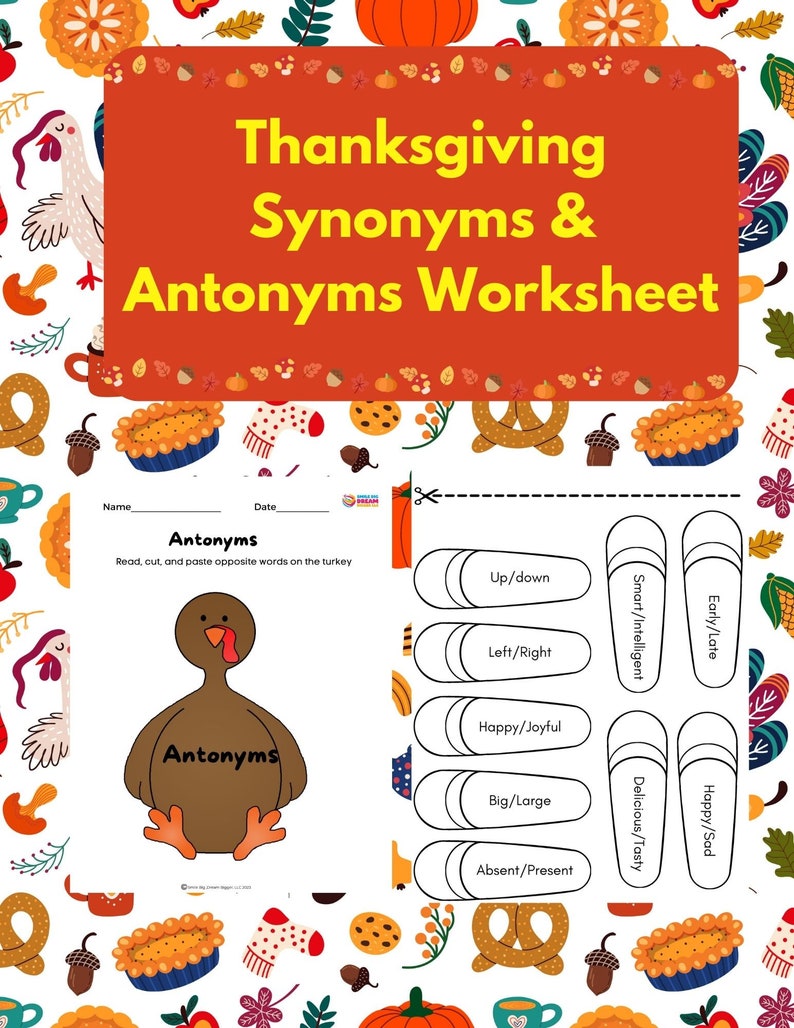 Thanksgiving Synonyms & Antonyms Worksheet Turkey Activities for Kids Cut and Paste Crafts Thanksgiving Spanish Worksheet Spanish Learning image 1