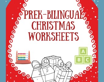 May include: A red and white Christmas-themed printable worksheet with the text "Prek-Bilingual Christmas Worksheets". The worksheet features a Santa Claus illustration, an abacus, a set of alphabet blocks, and a coloring page of presents.