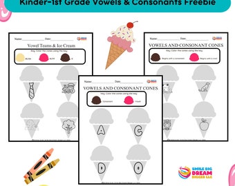 Vocali e consonanti del gelato Vowel Team Coloring Foglio di lavoro di grammatica da Kinder a 1st Grade