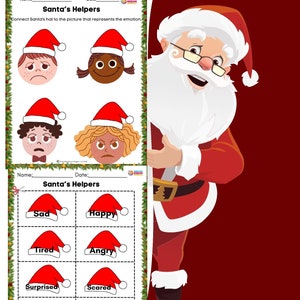 May include: A printable worksheet with Santa's hat and different emotions for kids to match. The worksheet says "Santa's Helpers" and includes emotions like sad, happy, tired, angry, surprised, scared, sleepy, and worried.