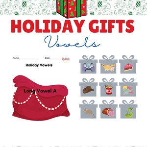 May include: A printable worksheet for kids to learn about long vowel sounds. The worksheet features a red Santa sack with the words "Long Vowel A" and a grid of nine gift boxes with pictures of various holiday gifts. The title of the worksheet is "Holiday Gifts Vowels".